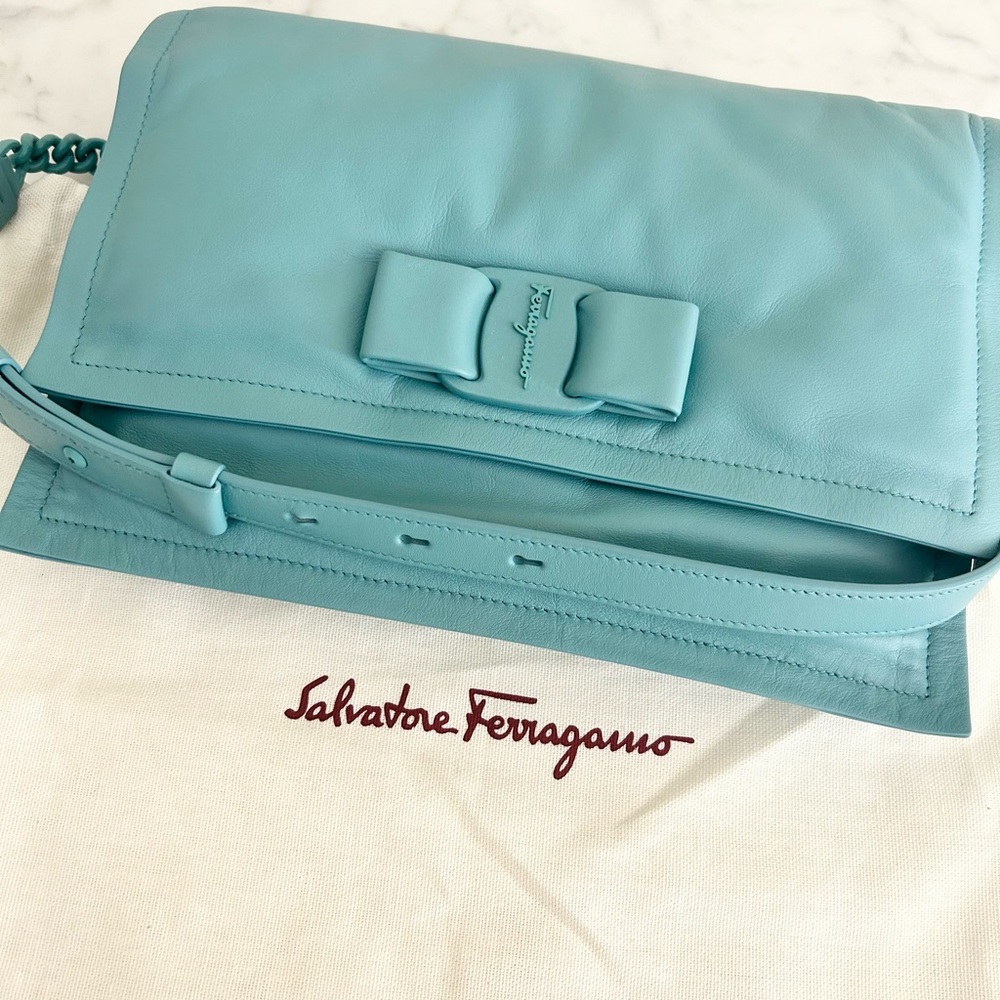 NWT Fabulous! Salvatore Ferragamo Tyrone Turquoise Viva Bow Puffy Shoulder Bag 🩵